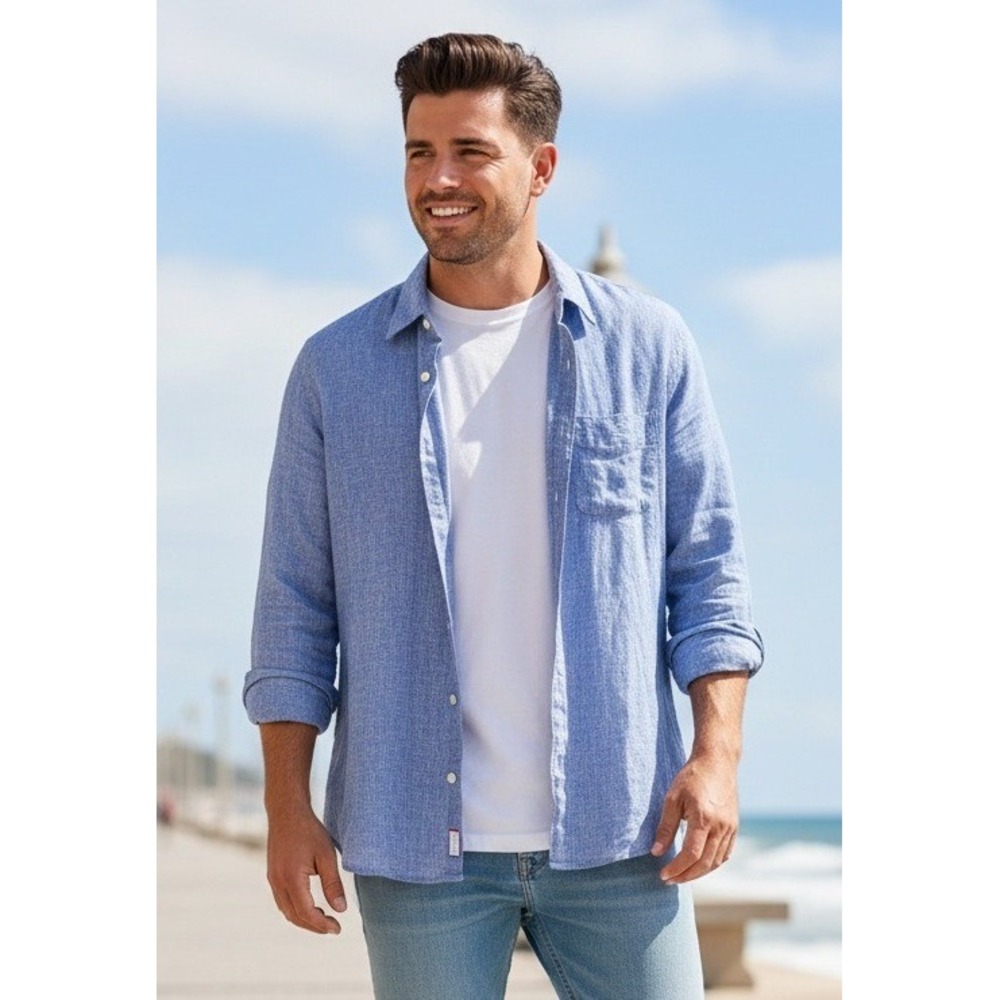 Michaels Men's Linen Button Down Long Sleeve Shirt USA Size L Blue Cotton Preppy
